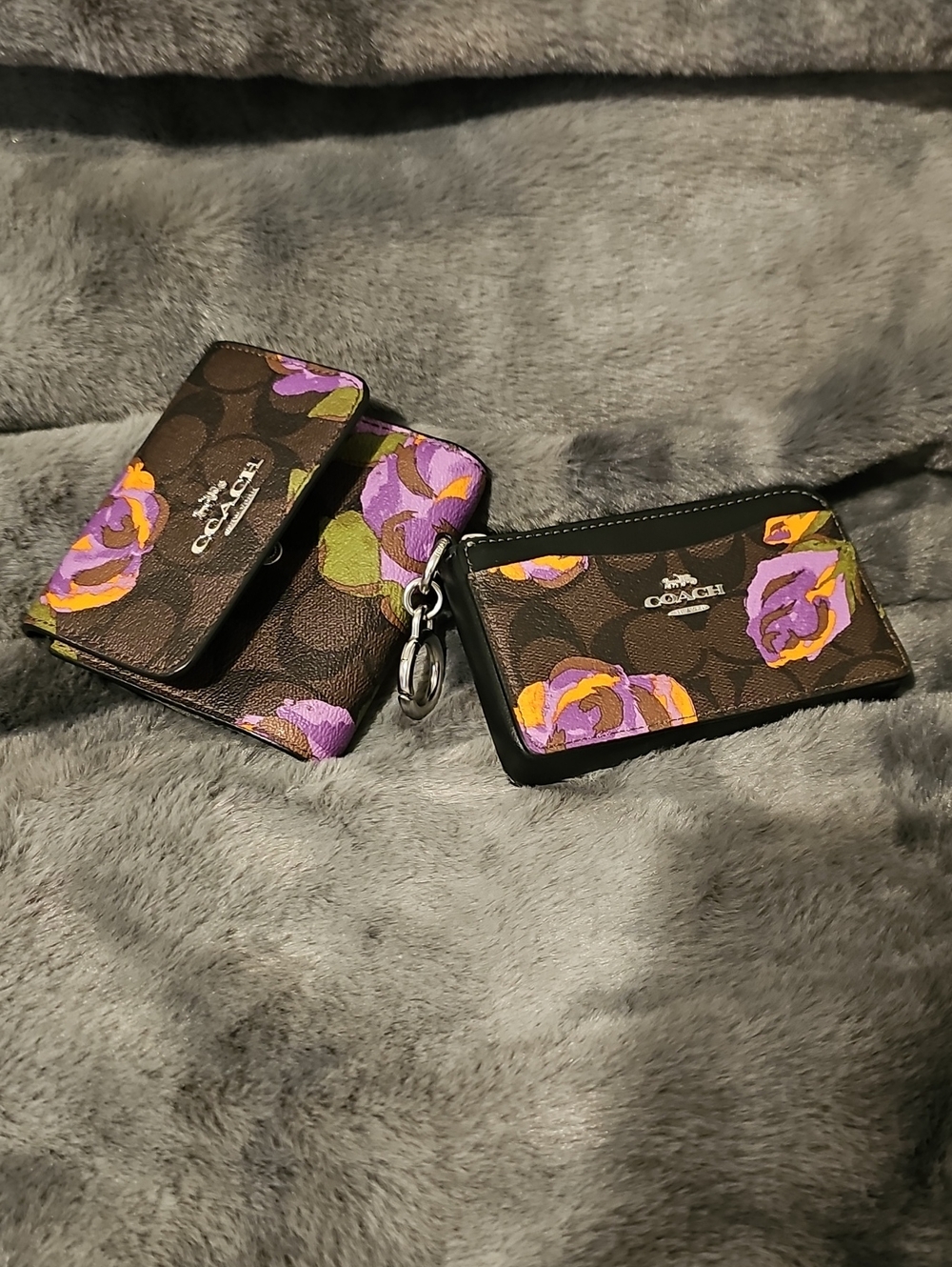 Coach Brown Floral Card Case and Key Pouch Set - Purple & Yellow Accents